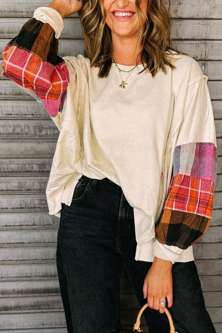 Beige Contrast Plaid Long Sleeve Exposed Seam Patchwork Top
