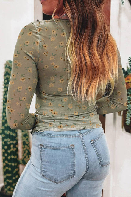 Laurel Green Vintage Floral Print Southern Style Mesh Long Sleeve Top