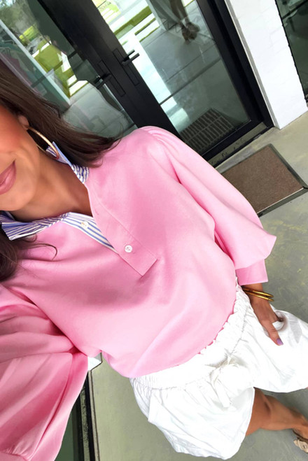 Bonbon Button Striped Collar Patchwork Puff Sleeve Sweatshirt