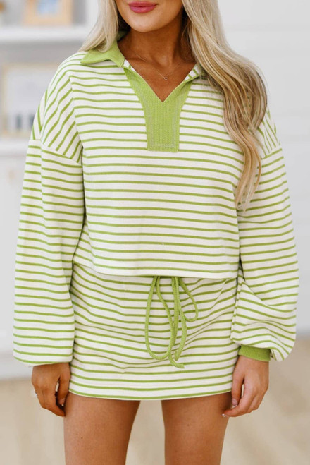 Green Stripe Collared V Neck Drop Shoulder Pullover and Skort 2pcs Outfit Green Stripe Collared V Neck Drop Shoulder Pullover and Skort 2pcs Outfit