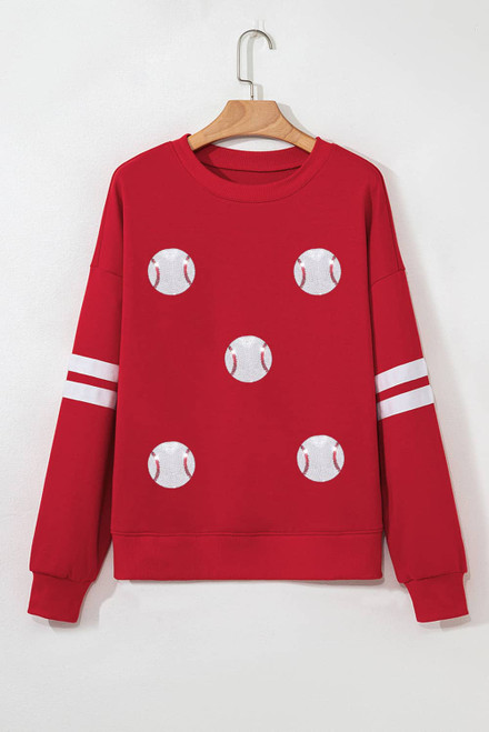 Fiery Red Glitter Baseball Patched Drop Shoulder Varsity Sweatshirt Fiery Red Glitter Baseball Patched Drop Shoulder Varsity Sweatshirt