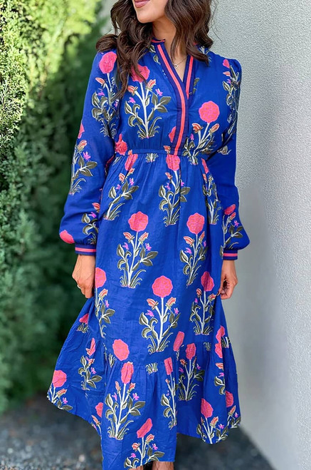 Blue Floral Print Striped Trim Split Neck Long Sleeve Ruffle Hem Midi Dress Blue Floral Print Striped Trim Split Neck Long Sleeve Ruffle Hem Midi Dress