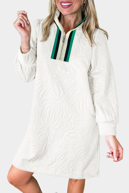 White Jacquard Textured Quarter Zipper Shift Mini Dress