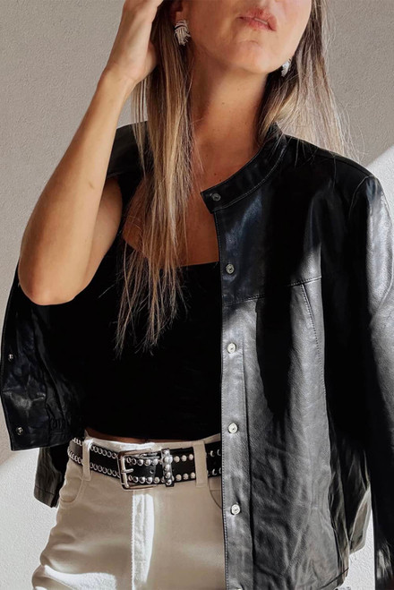 Black Faux Leather Buttoned Front Boxy Jacket Black Faux Leather Buttoned Front Boxy Jacket