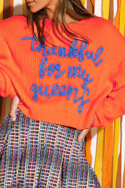 Vitality Orange Thankful for my queens Ribbed Knit Drop Shoulder Graphic Sweater
