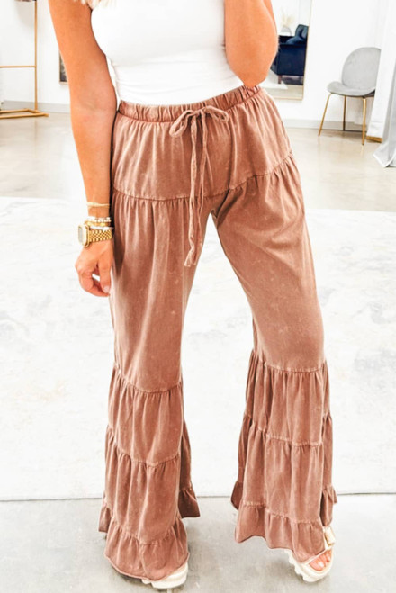 Straw Yellow Mineral Wash Lace-up High Waist Tiered Bell Bottom Pants Straw Yellow Mineral Wash Lace-up High Waist Tiered Bell Bottom Pants