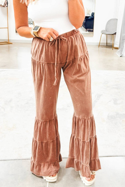 Straw Yellow Mineral Wash Lace-up High Waist Tiered Bell Bottom Pants Straw Yellow Mineral Wash Lace-up High Waist Tiered Bell Bottom Pants