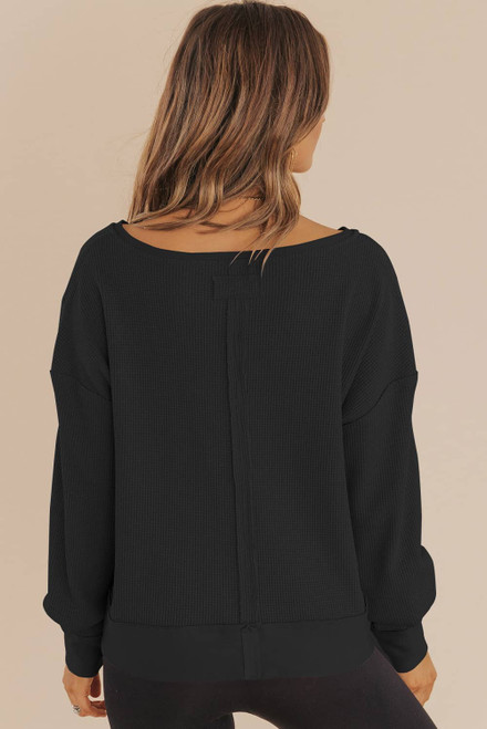 Black Waffle Knit Notched V Neck Drop Shoulder Solid Sweatshirt