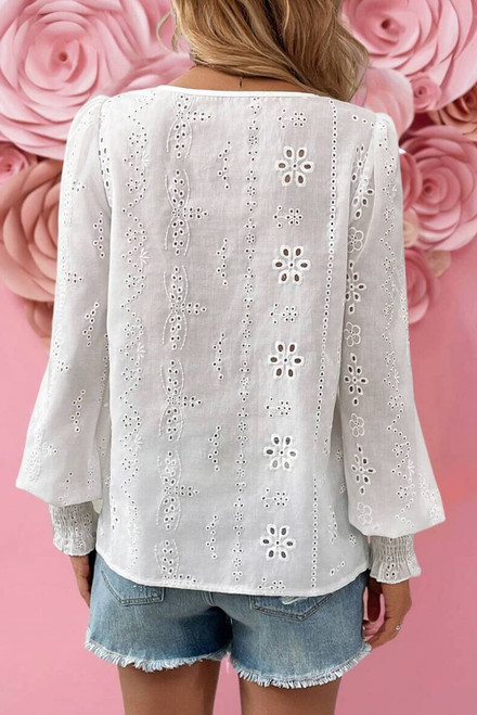 White Eyelet Embroidered Smocked Cuff Sheer Blouse