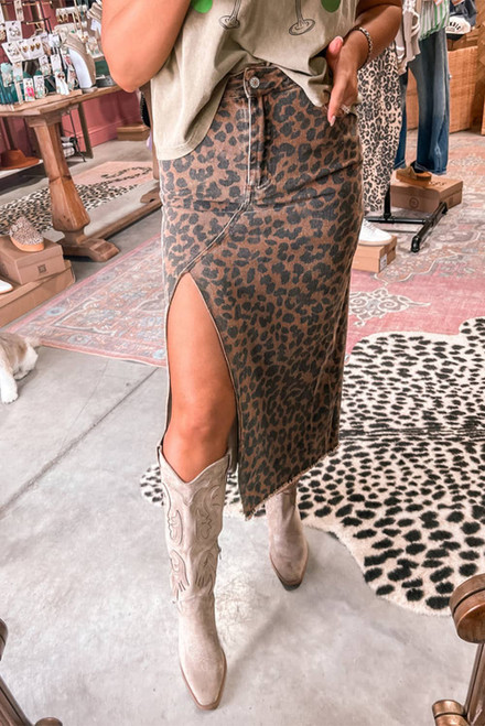 Brown Leopard Denim Frayed Split Denim Midi Skirt Brown Leopard Denim Frayed Split Denim Midi Skirt