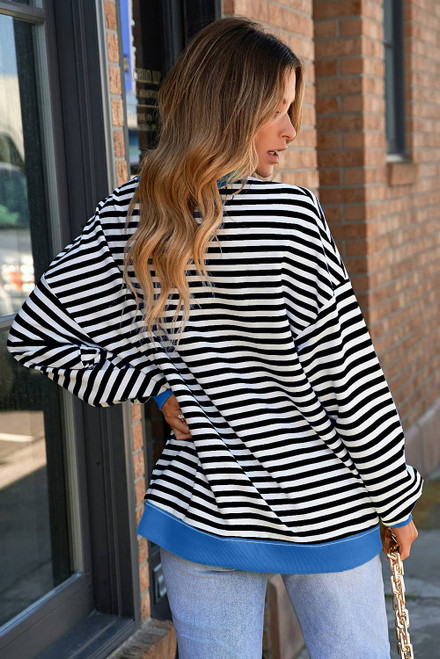 White Stripe Striped Contrast Ribbed Trim Crossed Stitch Drop Shoulder Sweatshirt