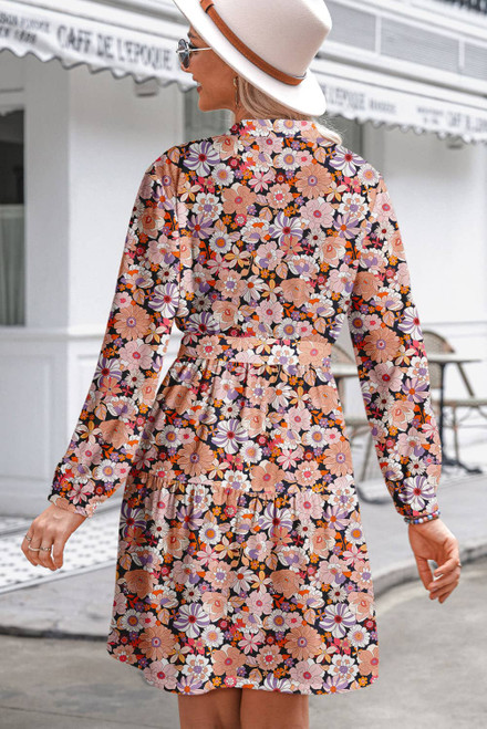 Multicolour Floral Print Long Sleeve Pleated Detail Bleted Mini Dress Multicolour Floral Print Long Sleeve Pleated Detail Bleted Mini Dress