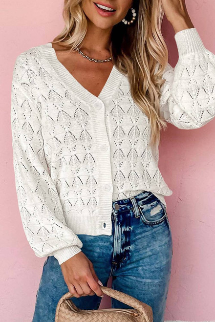 White Lightweight Buttoned Front Crochet Cardigan