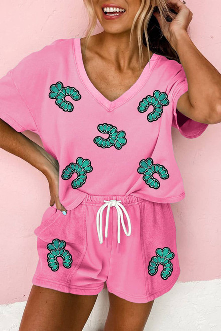 Bonbon Sequin Turquoise Patched V Neck Tee Drawstring Shorts 2pcs Outfit Bonbon Sequin Turquoise Patched V Neck Tee Drawstring Shorts 2pcs Outfit