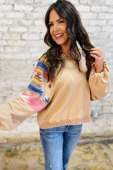 Light French Beige Aztec Patchwork Raglan Pullover Sweatshirt