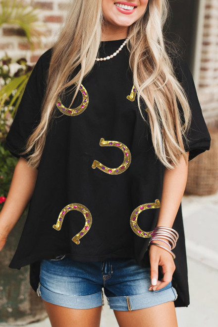 Black Western Shiny Horseshoes Pattern High Low Hem Casual T Shirt