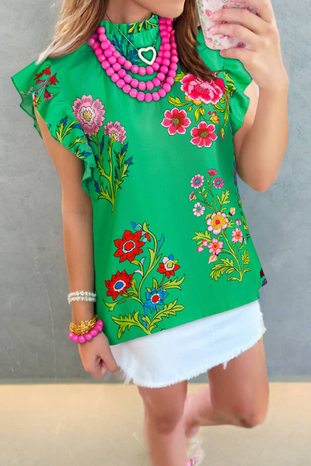 Green Floral Print Flutter Sleeve Frilly Neck Blouse Green Floral Print Flutter Sleeve Frilly Neck Blouse