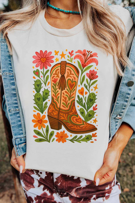 White Western Floral Boots Printed Casual Cotton Blend T Shirt
