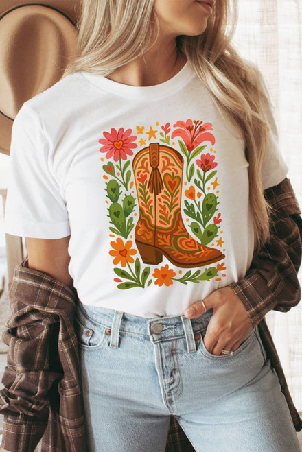 White Western Floral Boots Printed Casual Cotton Blend T Shirt