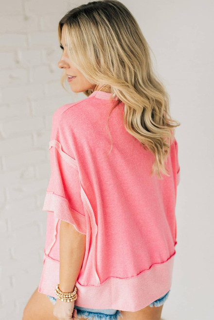 Peach Blossom Raw Seam Patchwork GAME DAY Letter Graphic Loose Tee