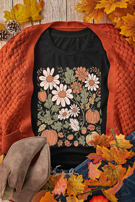 Black Wild Flower Pumpkin Print T Shirt
