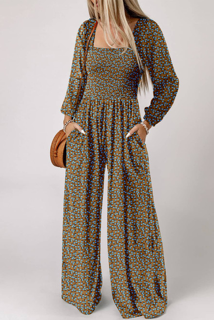 Brown Floral Print Western Smocked Bodice Square Neck Wide Leg Jumpsuit Brown Floral Print Western Smocked Bodice Square Neck Wide Leg Jumpsuit