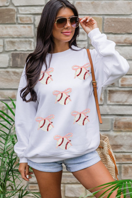 White Sequin Bow Baseball Patched Casual Sweatshirt