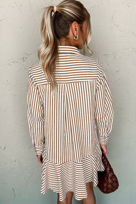 Brown Stripe Ruffled Hem Collared Long Sleeve Shirt Mini Dress Brown Stripe Ruffled Hem Collared Long Sleeve Shirt Mini Dress