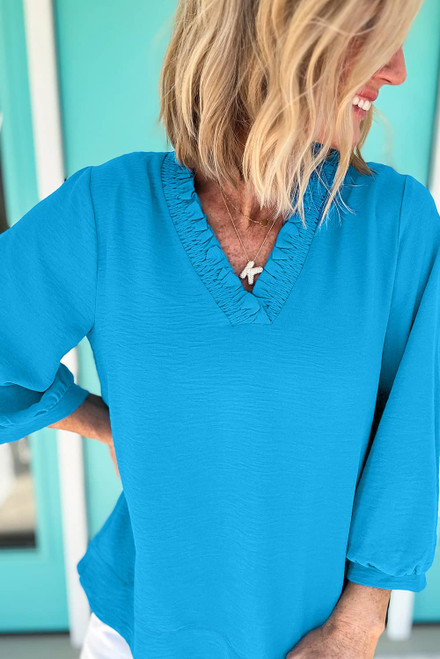 Sky Blue Frilled V Neckline Bracelet Sleeve Crinkled Blouse