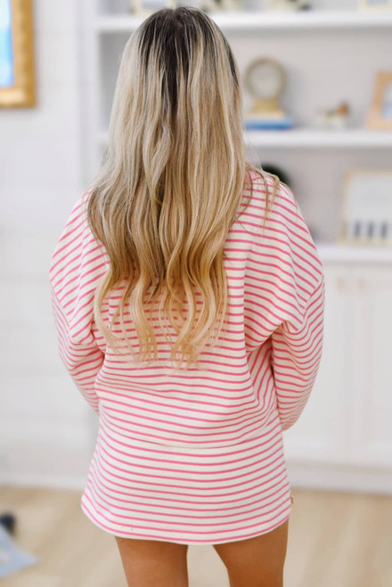Pink Stripe Collared V Neck Drop Shoulder Pullover and Skort 2pcs Outfit Pink Stripe Collared V Neck Drop Shoulder Pullover and Skort 2pcs Outfit
