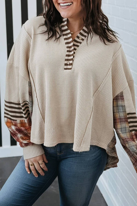 Parchment Plus Size Waffle Colorblock Striped Plaid Patchwork Half Button Pullover