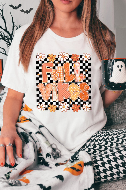 White FALL VIBES Cute Graphic Heat Transfer Tee