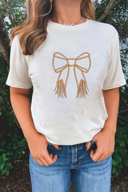 White Tassel Bowknot Embroidered Graphic Print Western Round Neck T Shirt