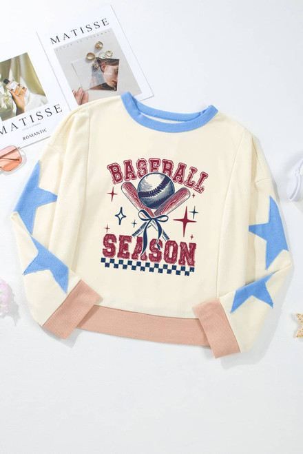 Beige BASEBALL SEASON Graphic Star Patched Game Day Sweatshirt