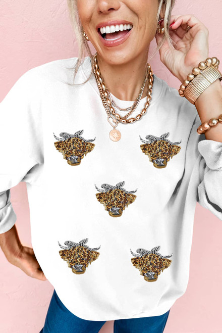 White Sequin Heifer Patched Drop Shoulder Sweatshirt