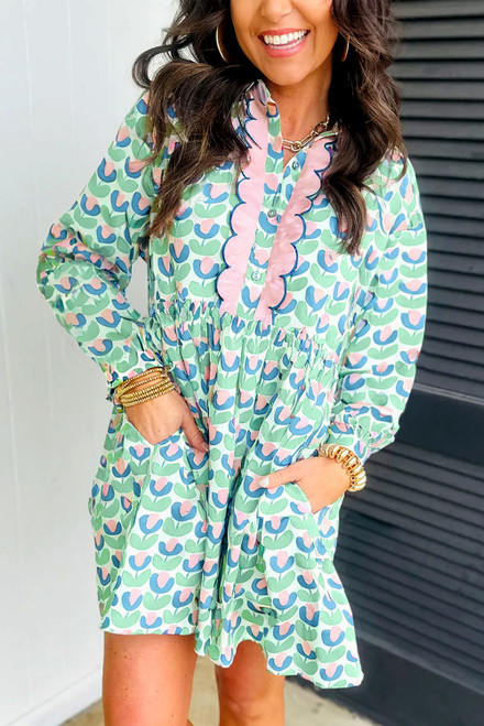 Green Floral Print Notched Neck Scalloped Detail Long Sleeve Mini Dress Green Floral Print Notched Neck Scalloped Detail Long Sleeve Mini Dress