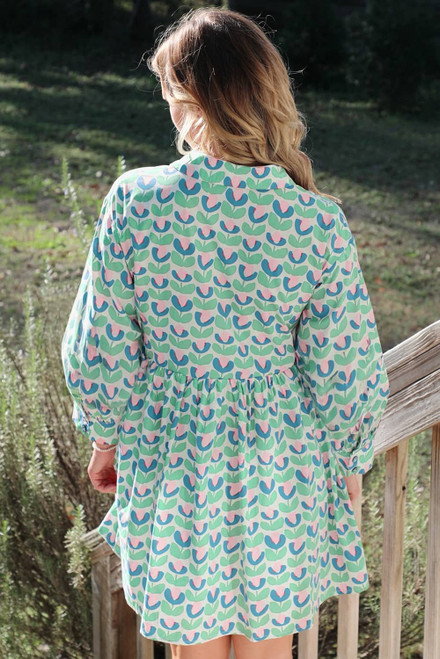 Green Floral Print Notched Neck Scalloped Detail Long Sleeve Mini Dress Green Floral Print Notched Neck Scalloped Detail Long Sleeve Mini Dress