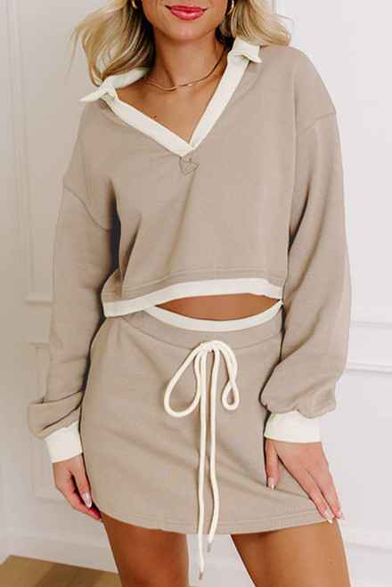 Parchment Raw Edge Detail Colorblock Patchwork Cropped Pullover Drawstring Skirt Set
