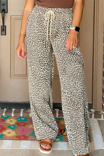 Brown Leopard Drawstring Elastic Waistband Loose Pants Brown Leopard Drawstring Elastic Waistband Loose Pants