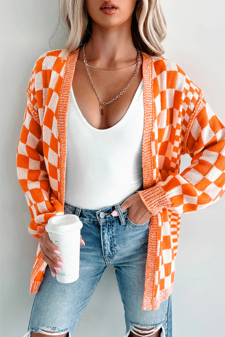 Orange Checkered Open Front Drop Shoulder Cardigan Orange Checkered Open Front Drop Shoulder Cardigan