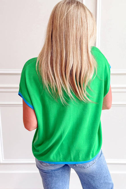 Green Contrast Trim Round Neck Short Sleeve Loose Knit Sweater Green Contrast Trim Round Neck Short Sleeve Loose Knit Sweater