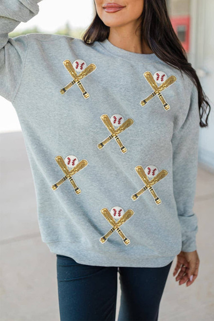 Gray Sequin Baseball Game Day Graphic Casual Sweatshirt