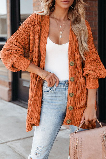 Gold Flame Button Front V Neck Chunky Cardigan Sweater