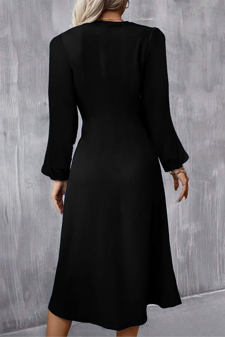 Black Solid Color Ruched Detail Long Sleeve Midi Dress