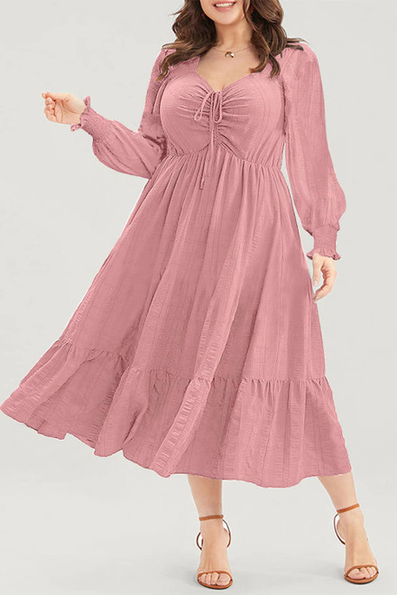 Pink Lace-up Ruched Front Long Sleeve Ruffle Hem Plus Size Midi Dress Pink Lace-up Ruched Front Long Sleeve Ruffle Hem Plus Size Midi Dress