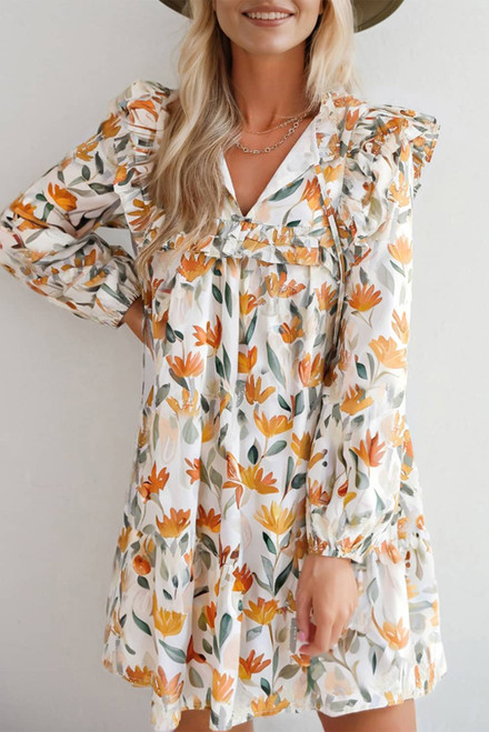 Yellow Floral Print Tie Neck Frilled Detail Long Sleeve Mini Dress Yellow Floral Print Tie Neck Frilled Detail Long Sleeve Mini Dress