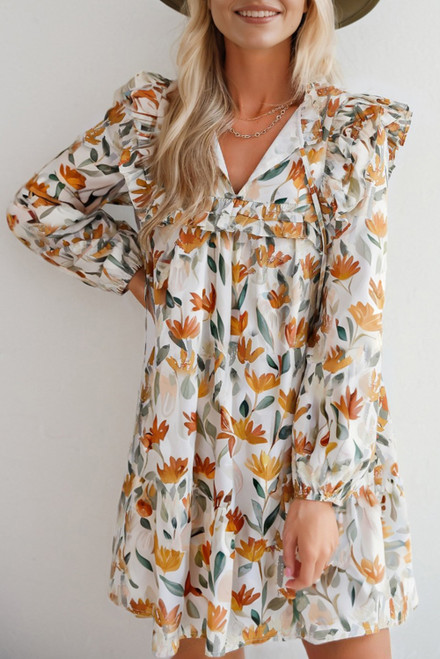 Yellow Floral Print Tie Neck Frilled Detail Long Sleeve Mini Dress Yellow Floral Print Tie Neck Frilled Detail Long Sleeve Mini Dress