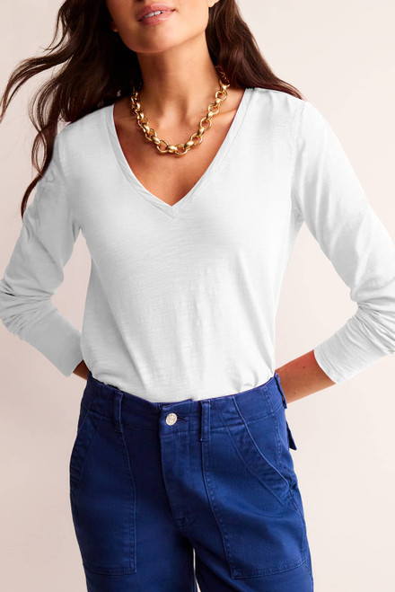 White Solid Color V Neck Long Sleeve Stretchy Top