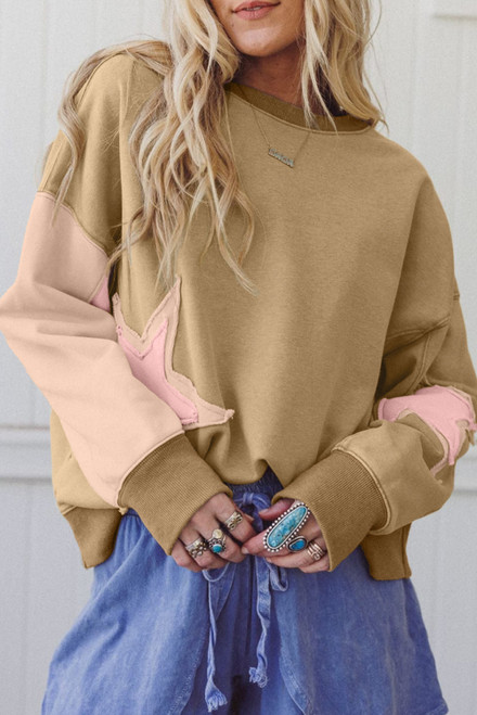 Sage Green Contrast Star Patchwork Exposed Seam Uneven Hem Drop Shoulder Sweatshirt Sage Green Contrast Star Patchwork Exposed Seam Uneven Hem Drop Shoulder Sweatshirt
