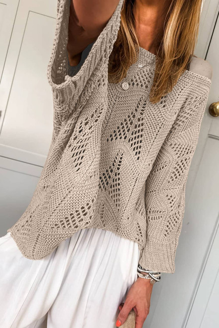 Parchment Hollow Out Knit 7/8 Sleeve Casual Sweater
